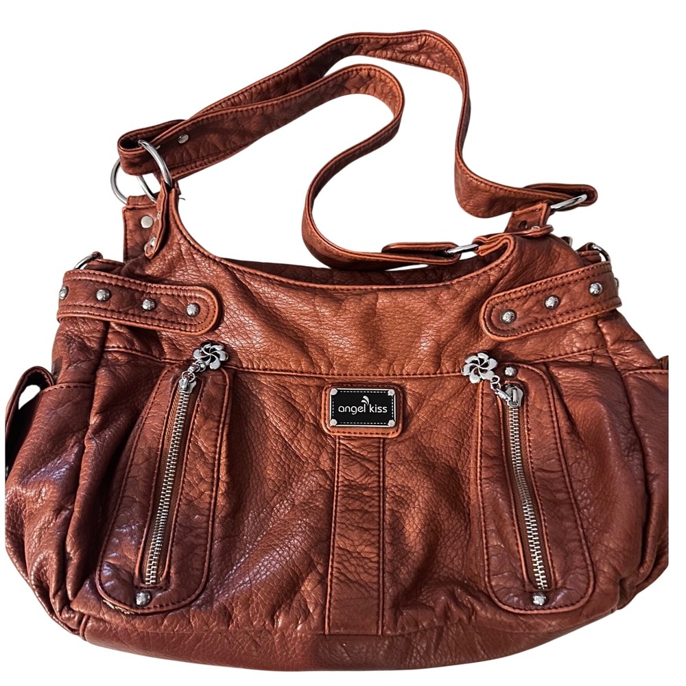 Angel Kiss Brown Faux Leather Hobo Shoulder Bag Studded Multi-Pocket Purse